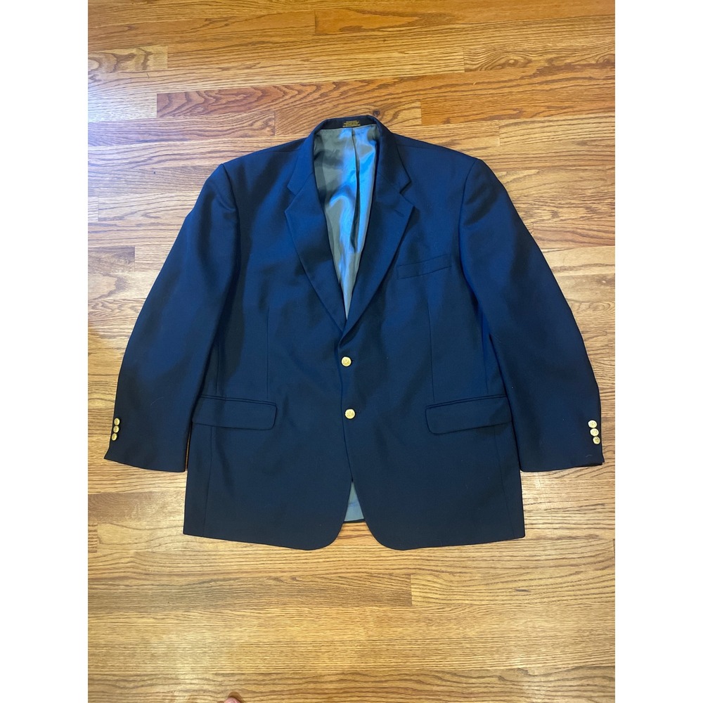 Stafford Men Blazer 48 R Navy Blue Worsted Wool Blend Gold Crest Buttons Flaw